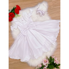 Vestido Infantil Branco C/ Cinto de Pérolas Strass Luxo