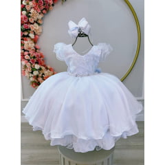 Vestido Infantil Branco C/ Renda e Pérolas Strass Damas
