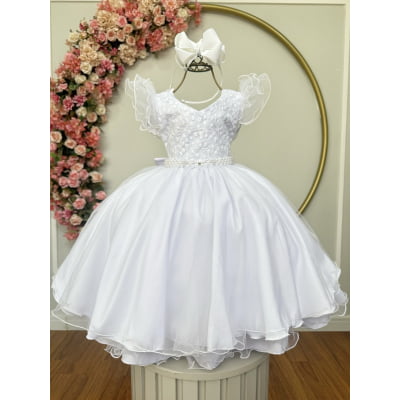 Vestido Infantil Branco C/ Renda e Pérolas Strass Damas