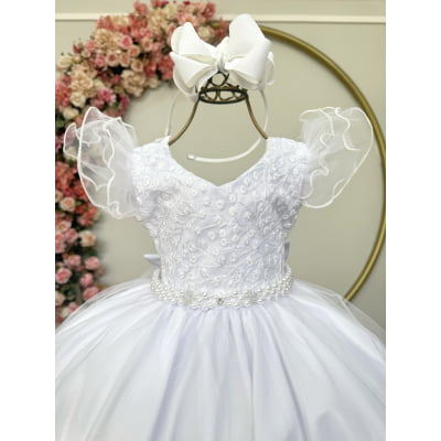 Vestido Infantil Branco C/ Renda e Pérolas Strass Damas