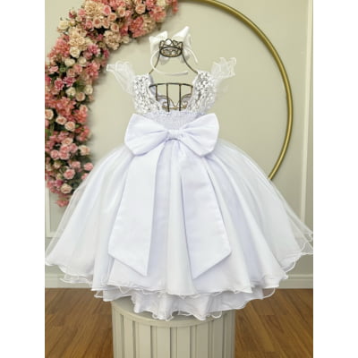Vestido Infantil Branco C/ Renda e Pérolas Strass Damas