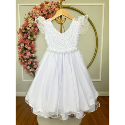 Vestido Infantil Branco C/ Renda e Pérolas Strass Damas