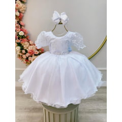 Vestido Infantil Branco C/ Renda Luxo e Cinto Pérolas Damas