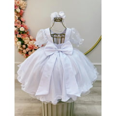 Vestido Infantil Branco C/ Renda Luxo e Cinto Pérolas Damas