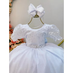 Vestido Infantil Branco C/ Renda Luxo e Cinto Pérolas Damas