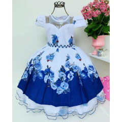 Vestido Infantil Branco e Azul Floral Luxo Princesa Damas