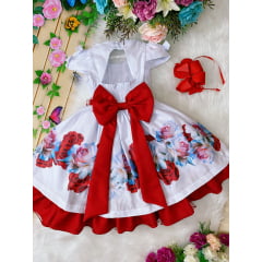 Vestido Infantil Branco Floral Vermelho Luxo Cinto Pérolas