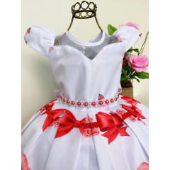Vestido Infantil Branco Flores Vermelhas Laços Perolas Luxo