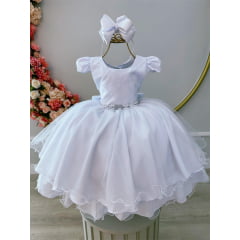 Vestido Infantil Branco Busto Nervura Pérolas Strass Luxo