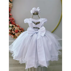 Vestido Infantil Branco Busto Nervura Pérolas Strass Luxo