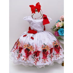Vestido Infantil Flores Vermelhas Aplique Flor Luxo Laço