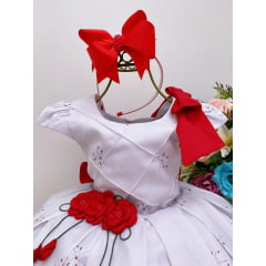 Vestido Infantil Flores Vermelhas Aplique Flor Luxo Laço