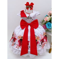 Vestido Infantil Flores Vermelhas Aplique Flor Luxo Laço