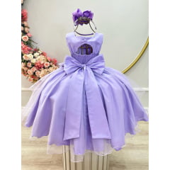 Vestido Infantil Lilás Busto Drapeado Aplique Laço Damas