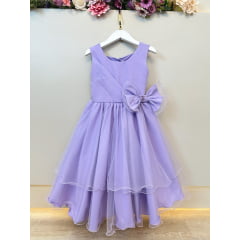 Vestido Infantil Lilás Busto Drapeado Aplique Laço Damas