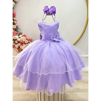 Vestido Infantil Lilás Busto Drapeado Aplique Laço Damas