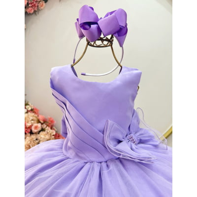 Vestido Infantil Lilás Busto Drapeado Aplique Laço Damas