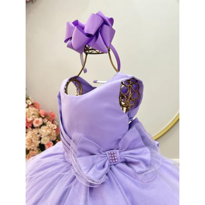 Vestido Infantil Lilás Busto Drapeado Aplique Laço Damas