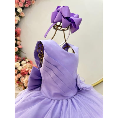 Vestido Infantil Lilás Busto Drapeado Aplique Laço Damas