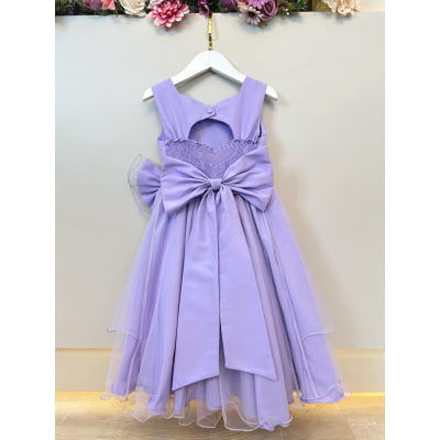 Vestido Infantil Lilás Busto Drapeado Aplique Laço Damas