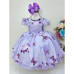 Vestido Infantil Lilás Jardim das Borboletas Broche Flor