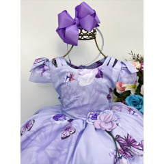Vestido Infantil Lilás Jardim das Borboletas Broche Flor