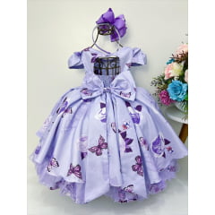 Vestido Infantil Lilás Jardim das Borboletas Broche Flor