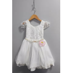 Vestido Infantil Marfim Com Renda Cinto de Pérolas Festas