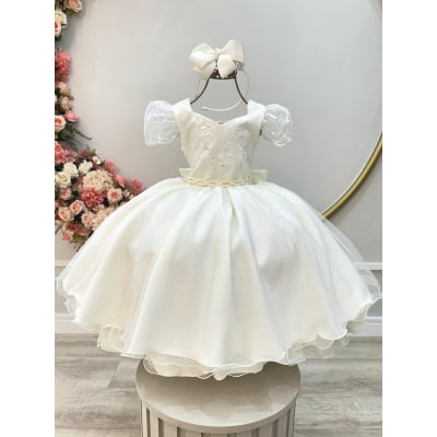 Vestido Infantil Marfim Renda Cinto de Pérolas Festas