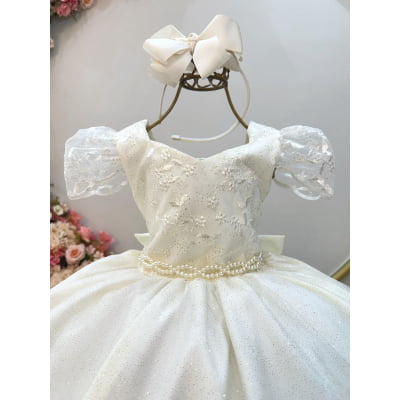 Vestido Infantil Marfim Renda Cinto de Pérolas Festas