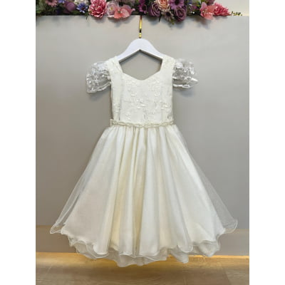 Vestido Infantil Marfim Renda Cinto de Pérolas Festas