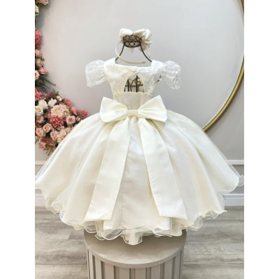 Vestido Infantil Marfim Renda Cinto de Pérolas Festas