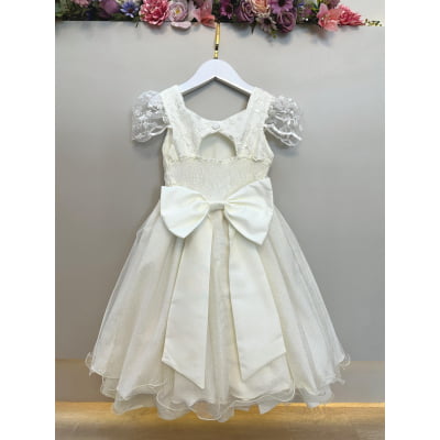Vestido Infantil Marfim Renda Cinto de Pérolas Festas