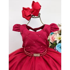 Vestido Infantil Vermelho Peito Nervura Pérolas Strass Luxo