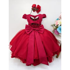 Vestido Infantil Vermelho Peito Nervura Pérolas Strass Luxo