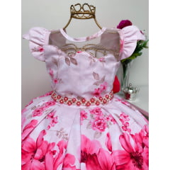 Vestido Infantil Off e Pink Floral Luxo Princesa Festas