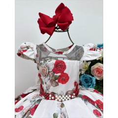 Vestido Infantil Off Floral Vermelho Cinto de Pérolas Luxo