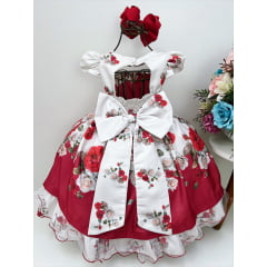 Vestido Infantil Off Floral Vermelho Cinto de Pérolas Luxo