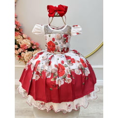 Vestido Infantil Off Floral Vermelho Cinto de Pérolas Luxo