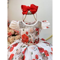 Vestido Infantil Off Floral Vermelho Cinto de Pérolas Luxo