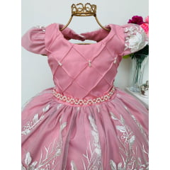 Vestido Infantil Realeza Rosê Renda Dourada Luxo Princesas