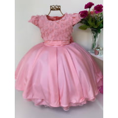 Vestido Infantil Rosa Aplique de Flores Luxo Princesa Festas