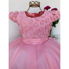 Vestido Infantil Rosa Aplique de Flores Luxo Princesa Festas