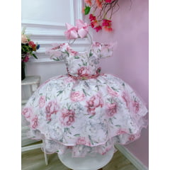 Vestido Infantil Rosa Bebê Jardim Flores Cinto de Pérolas