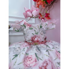 Vestido Infantil Rosa Bebê Jardim Flores Cinto de Pérolas