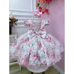 Vestido Infantil Rosa Bebê Jardim Flores Cinto de Pérolas