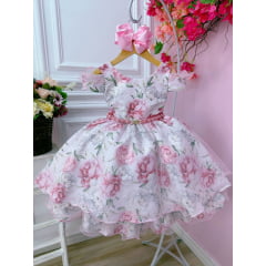 Vestido Infantil Rosa Bebê Jardim Flores Cinto de Pérolas