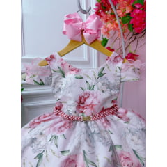 Vestido Infantil Rosa Bebê Jardim Flores Cinto de Pérolas