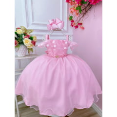 Vestido Infantil Rosa Bolinhas Cinto de Pérolas e Strass