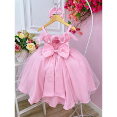 Vestido Infantil Rosa Bolinhas Cinto de Pérolas e Strass